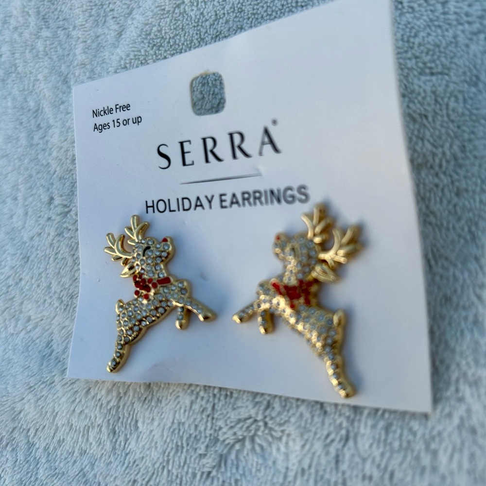 Christmas Rhinestone Reindeer Earrings Leaping Deer New! Nickel Free